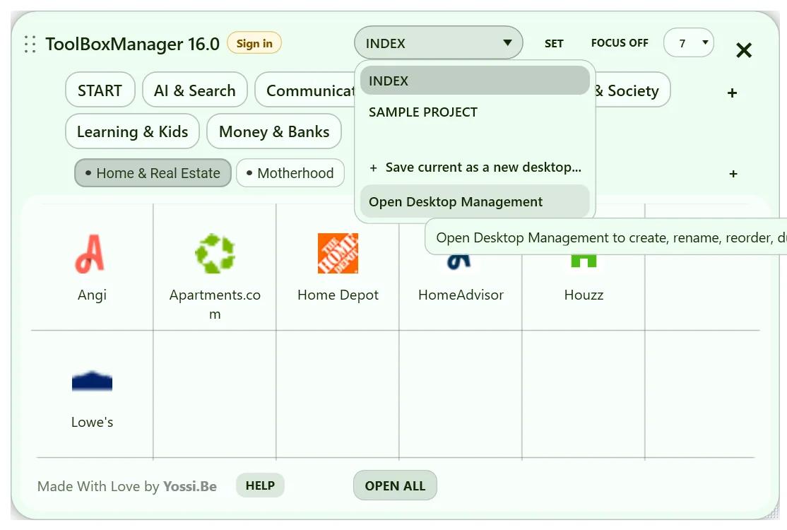 ToolBoxManager V16 screen related to Switch quickly between Desktops